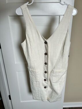 Cream Textured Linen Dress with Button Detail